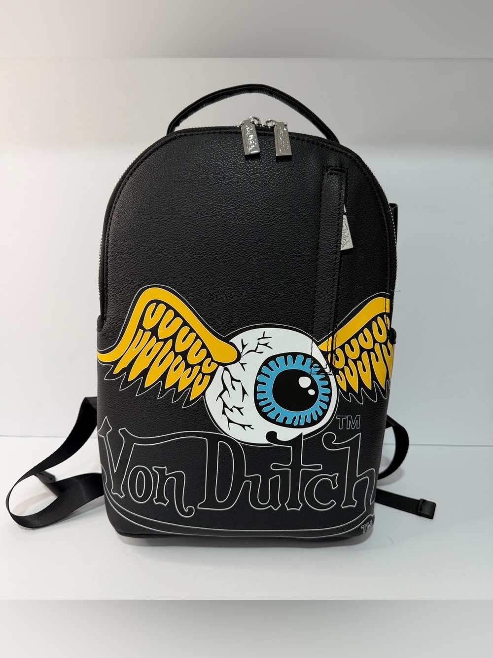 Von Dutch Black Backpack with Yellow Winged Eyeball and Blue Iris